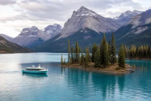 Sightseeing boat on turquoise Maligne Lake near a forested peninsula and Canadian Rockies peaks