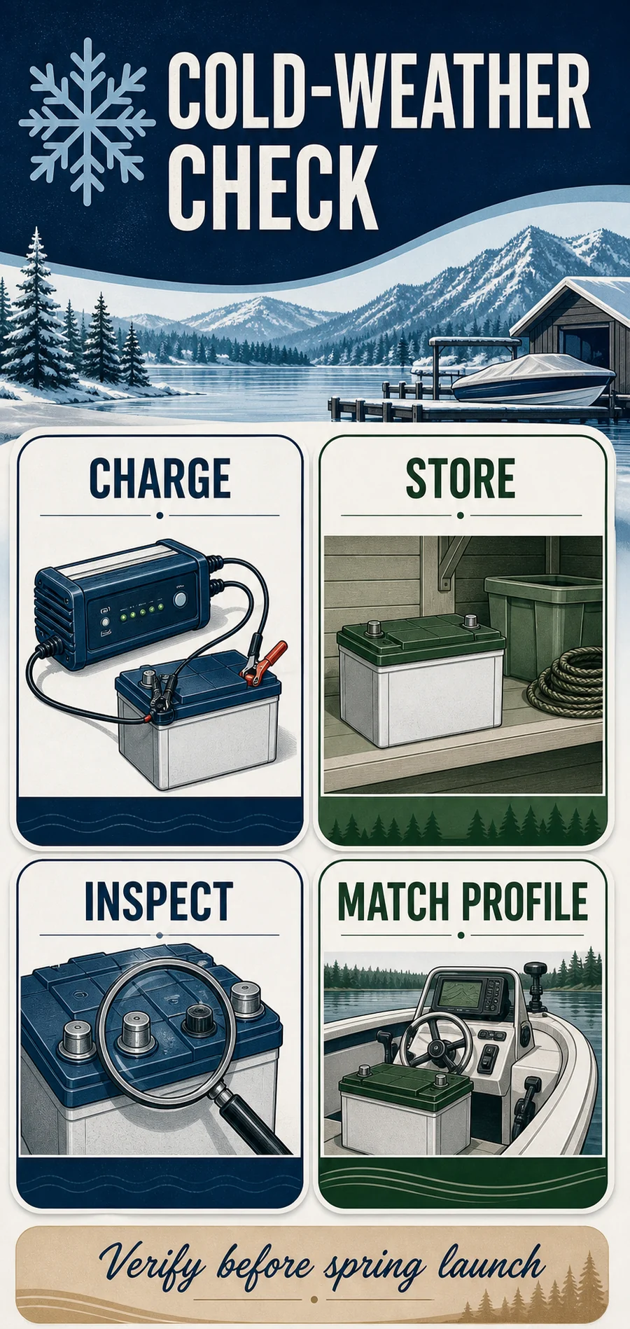 Cold-weather marine battery inspection and charging checklist