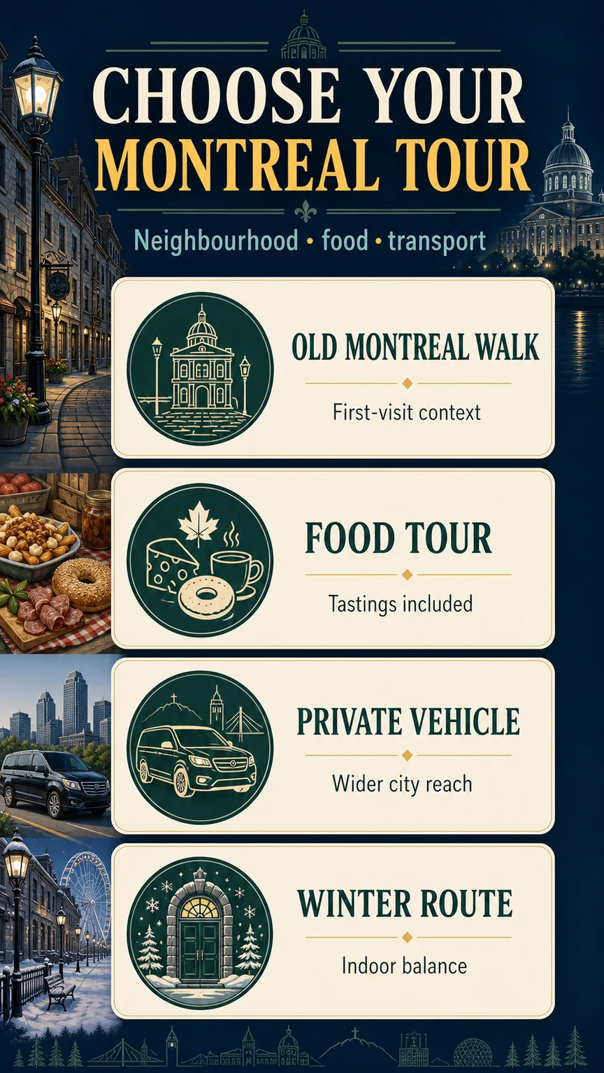 Decision infographic comparing Montreal tours by neighbourhood food private transport and winter route