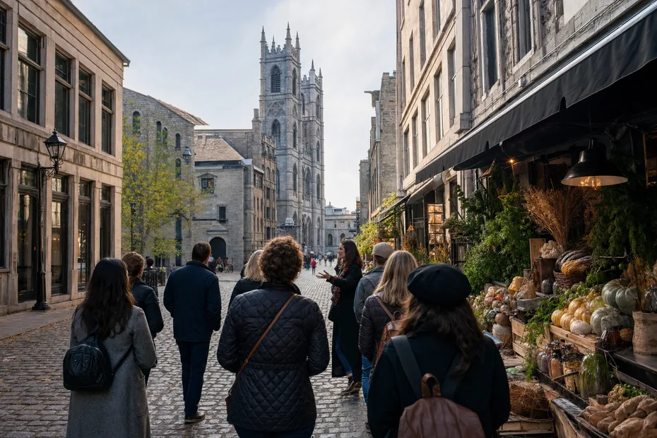 Guided walking group on a cobblestone street in Old Montreal beside a market display