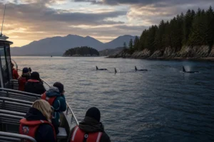 Responsible whale watching boat observing orcas off Vancouver Island from a legal distance