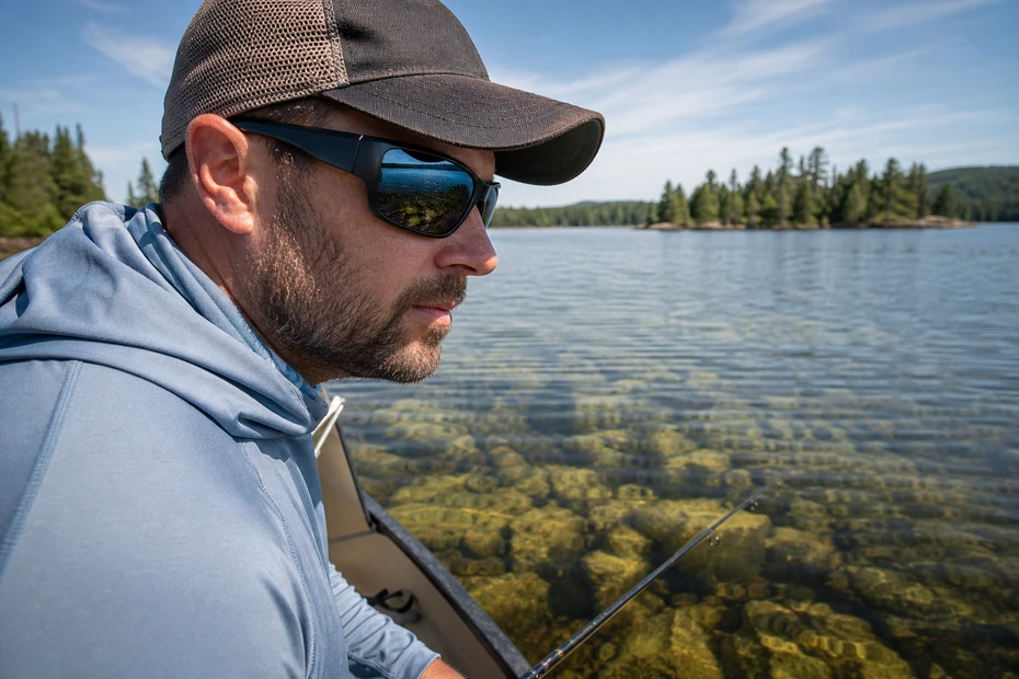 Canadian angler wearing wraparound polarized sunglasses while scanning clear lake water