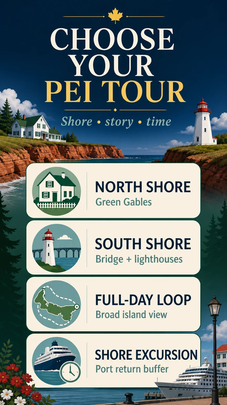 Decision infographic comparing Prince Edward Island tours by north shore south shore full day and port timing