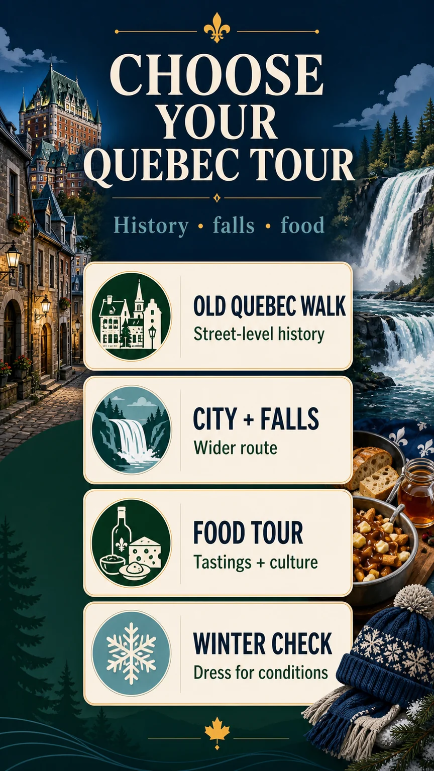 Decision infographic comparing Quebec City tours by history falls food and winter conditions