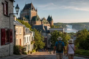 Old Quebec streets and Chateau Frontenac with Montmorency Falls in the distance