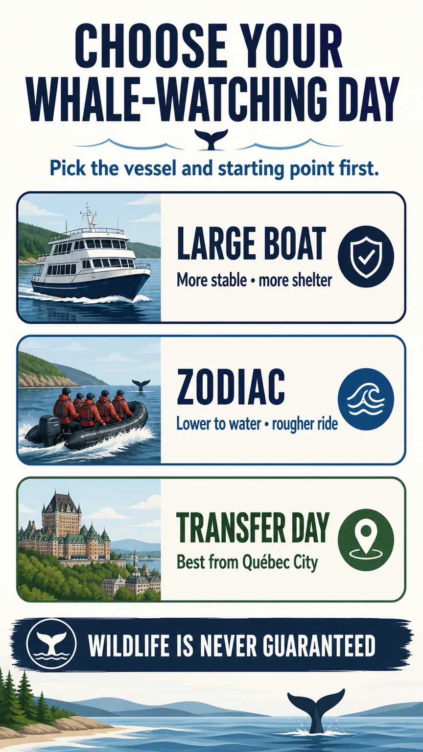 Decision infographic comparing Tadoussac large-boat Zodiac and Quebec City transfer whale-watching tours