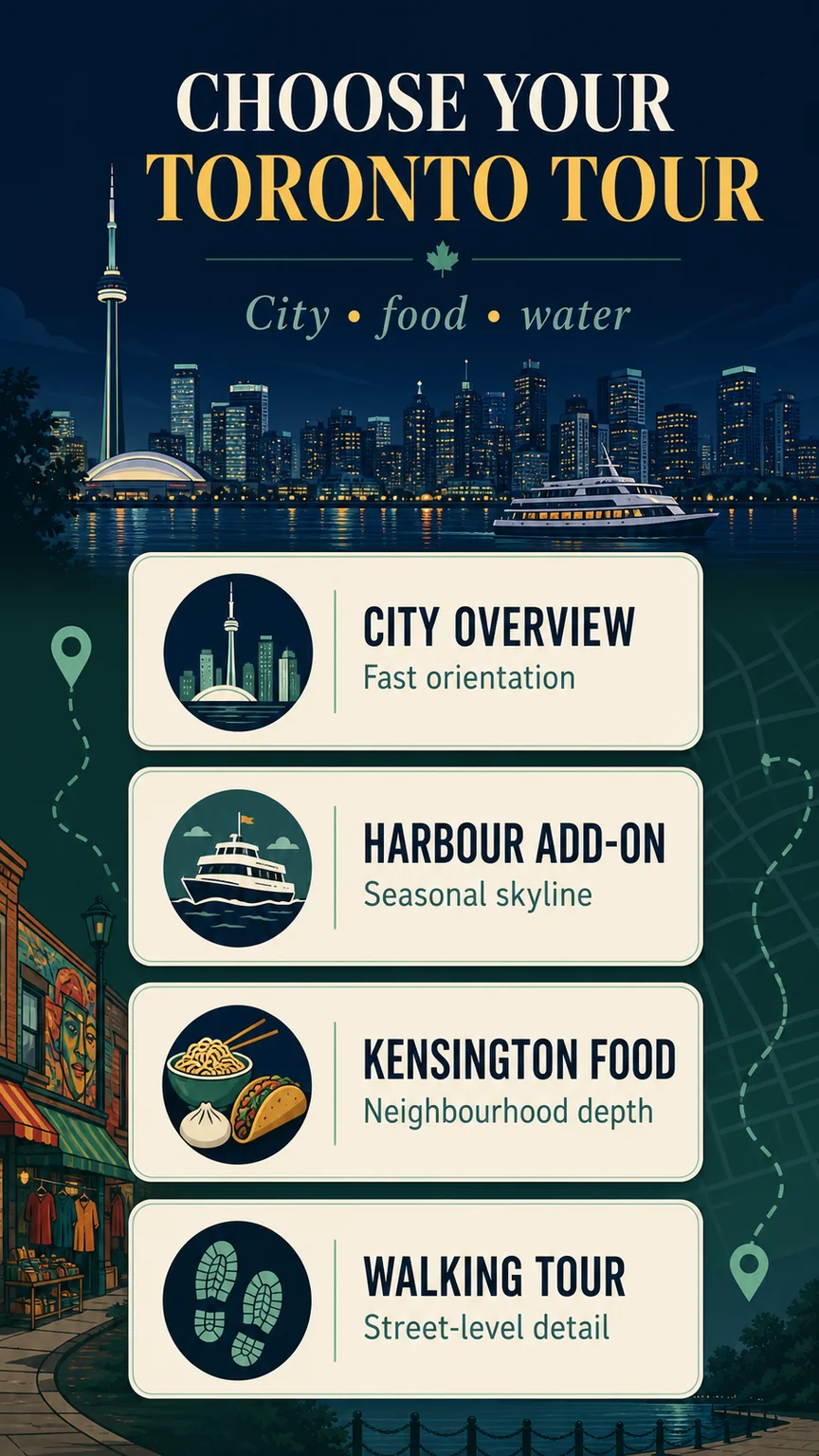 Decision infographic comparing Toronto tours by city overview harbour food and walking detail