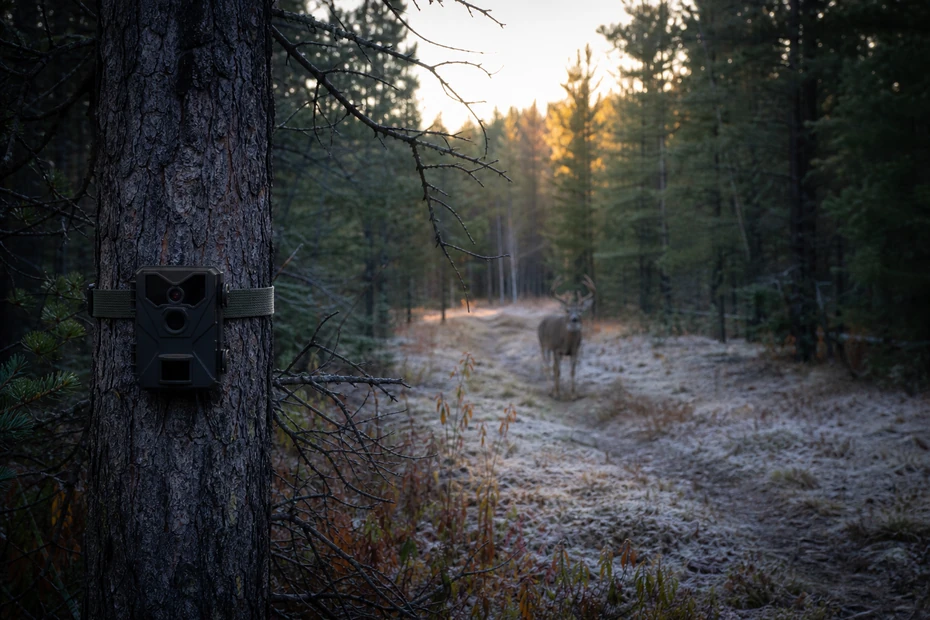 Unbranded trail camera monitoring a boreal forest game trail in Canada