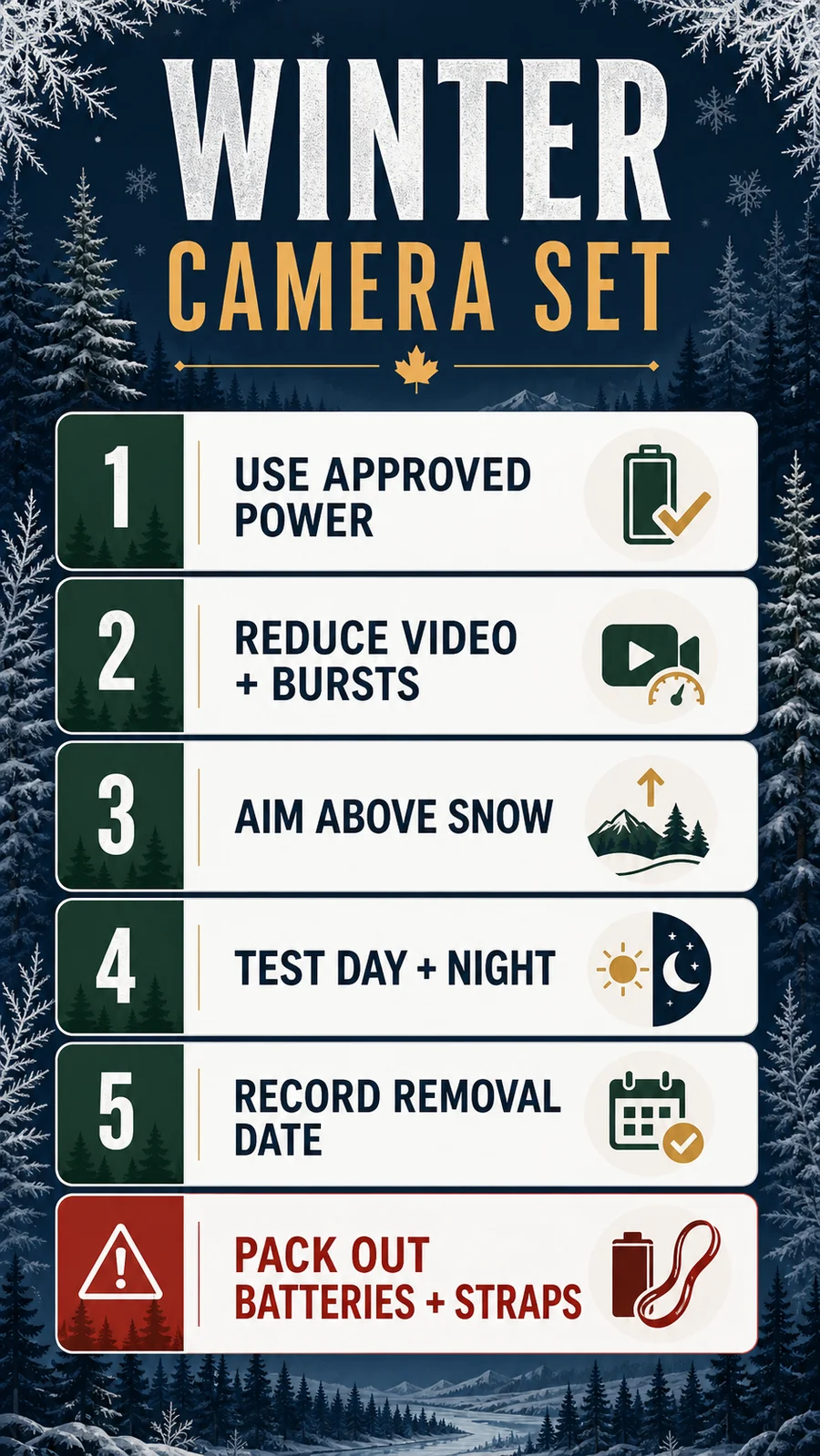 Winter trail camera setup checklist for power, settings, snow height and removal