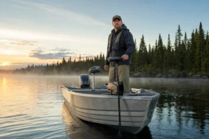 Canadian angler using a bow-mounted electric trolling motor on a northern lake