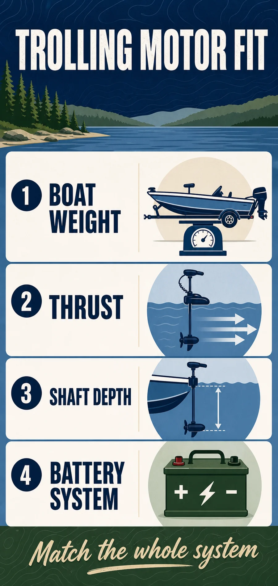 Trolling motor fit guide for boat weight, thrust, shaft depth and battery system