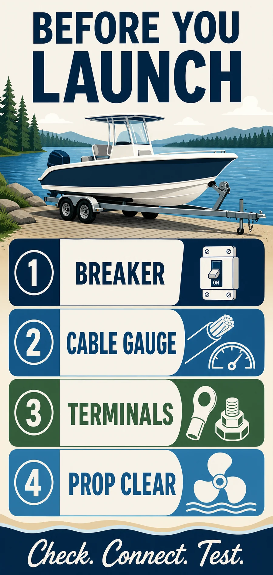 Trolling motor pre-launch electrical and propeller checklist