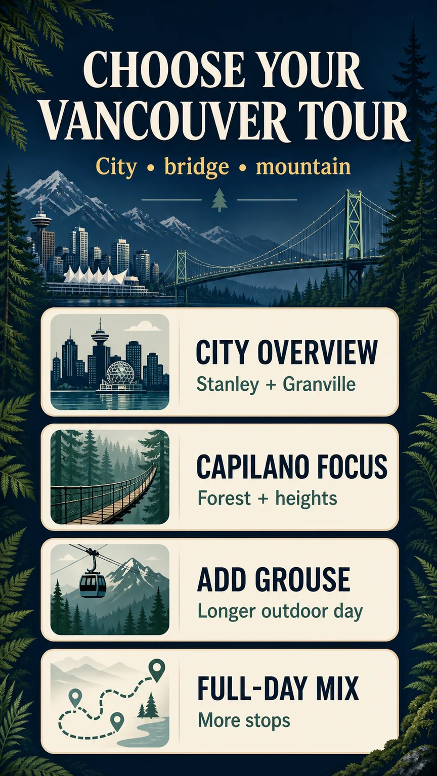 Decision infographic comparing Vancouver tours by city overview Capilano Grouse Mountain and trip length