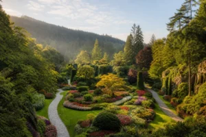 Colourful sunken garden paths surrounded by mature trees near Victoria British Columbia