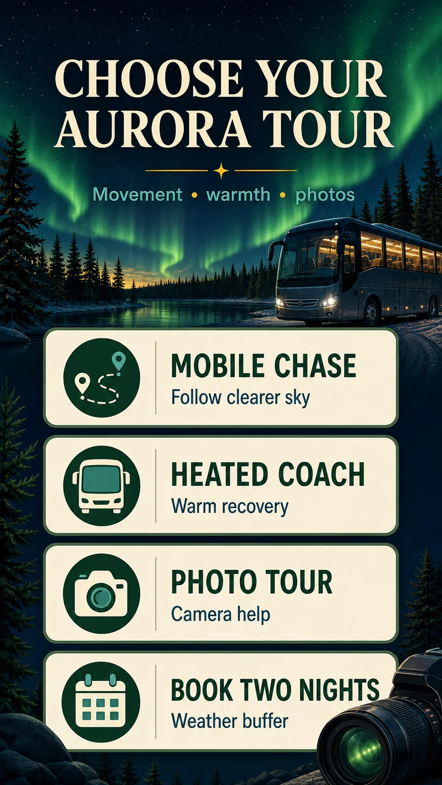 Decision infographic comparing Yellowknife aurora tours by mobility warmth photography and weather buffer