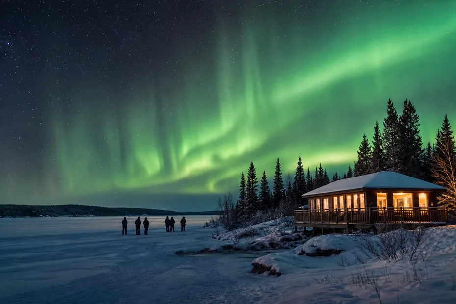 Aurora borealis over a frozen lake and warm viewing cabin near Yellowknife