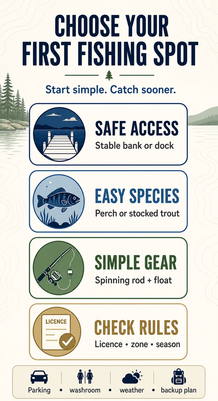 How to choose a beginner-friendly fishing spot using access, species, gear and licence checks