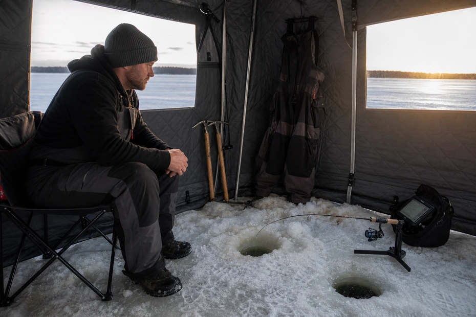 Canadian angler applying deadsticking for winter walleye in realistic northern water conditions