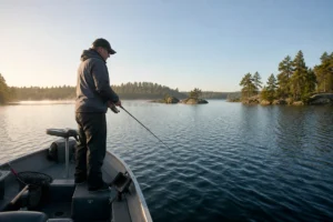 Canadian angler applying drop shot rig for deep-water smallmouth in realistic northern water conditions