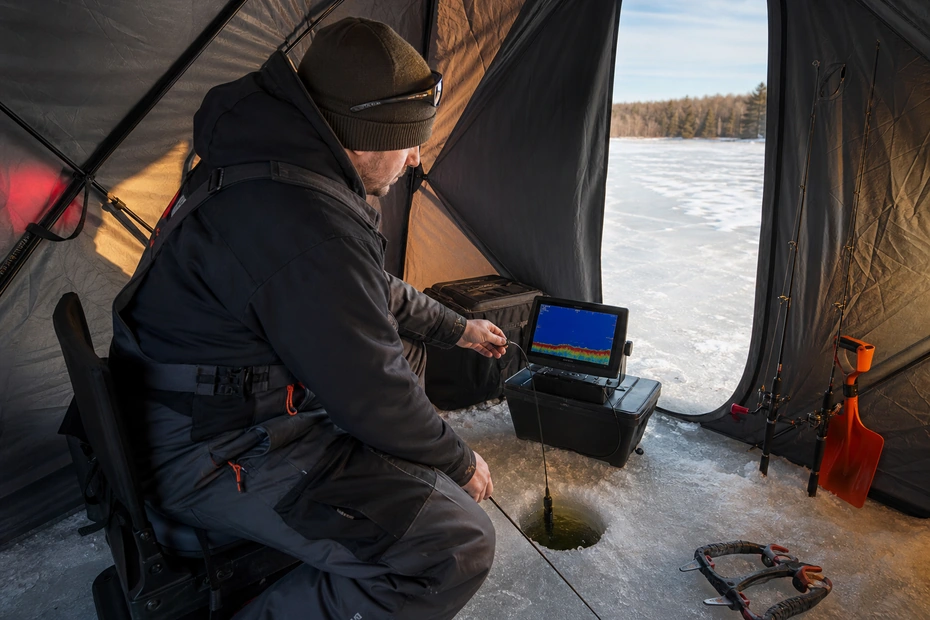 Canadian angler applying advanced ice fishing with electronics in realistic northern water conditions