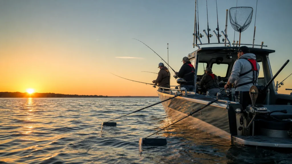 Canadian Lake Erie fishing charter boat trolling at sunrise