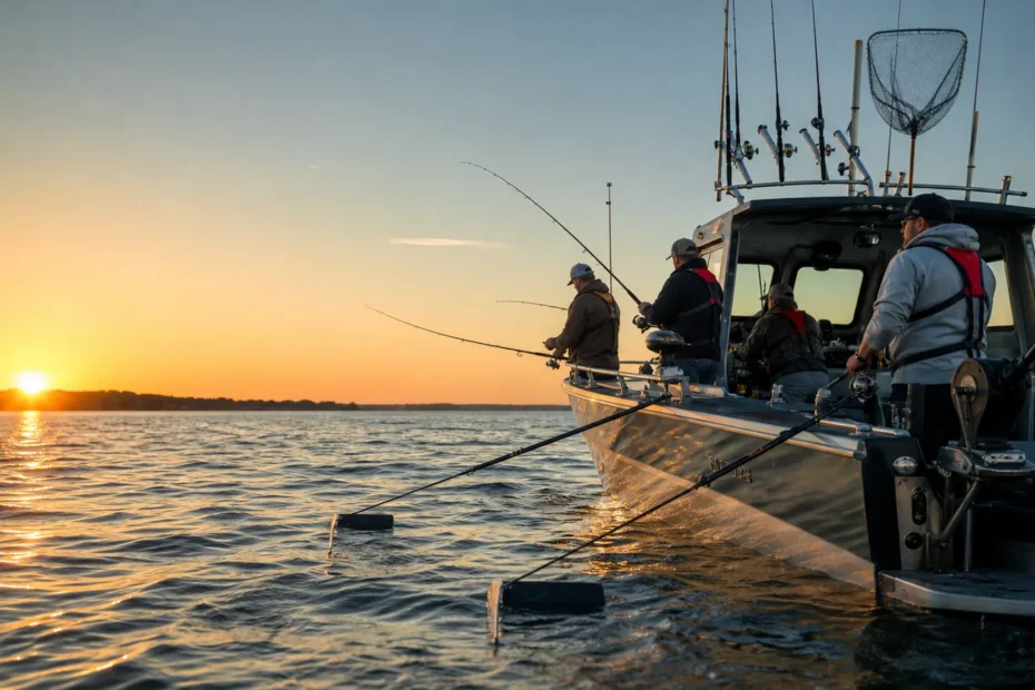Canadian Lake Erie fishing charter boat trolling at sunrise