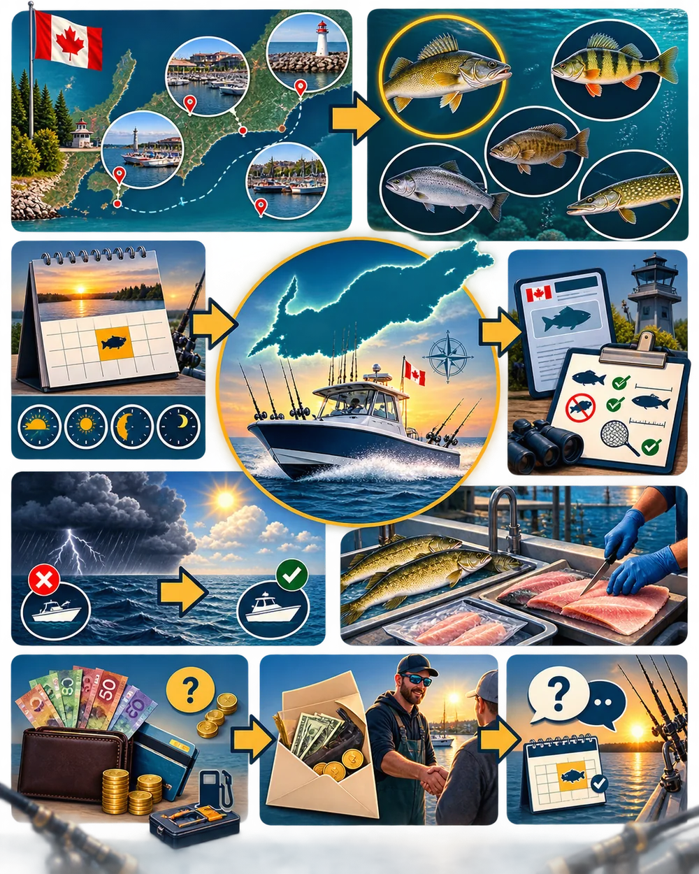 Visual planning flow for a Canadian Lake Erie charter including port, species, season, licence, weather and fish cleaning