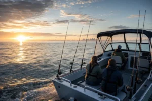 Charter fishing boat trolling for salmon on Lake Ontario at sunrise