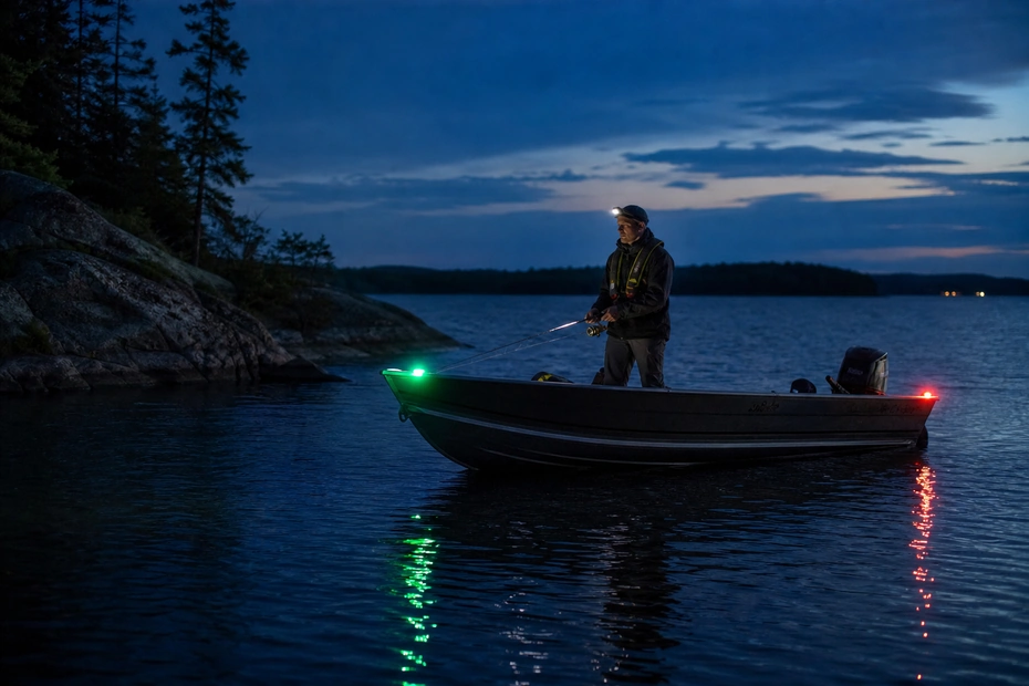 Canadian angler applying night fishing for walleye in realistic northern water conditions