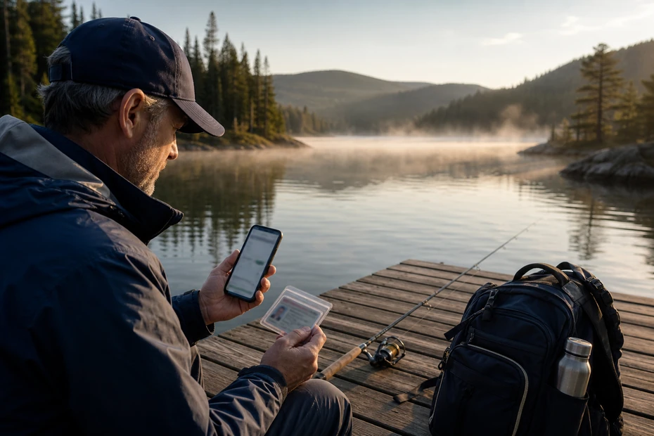 Visiting angler checking a digital Québec fishing licence beside a northern lake