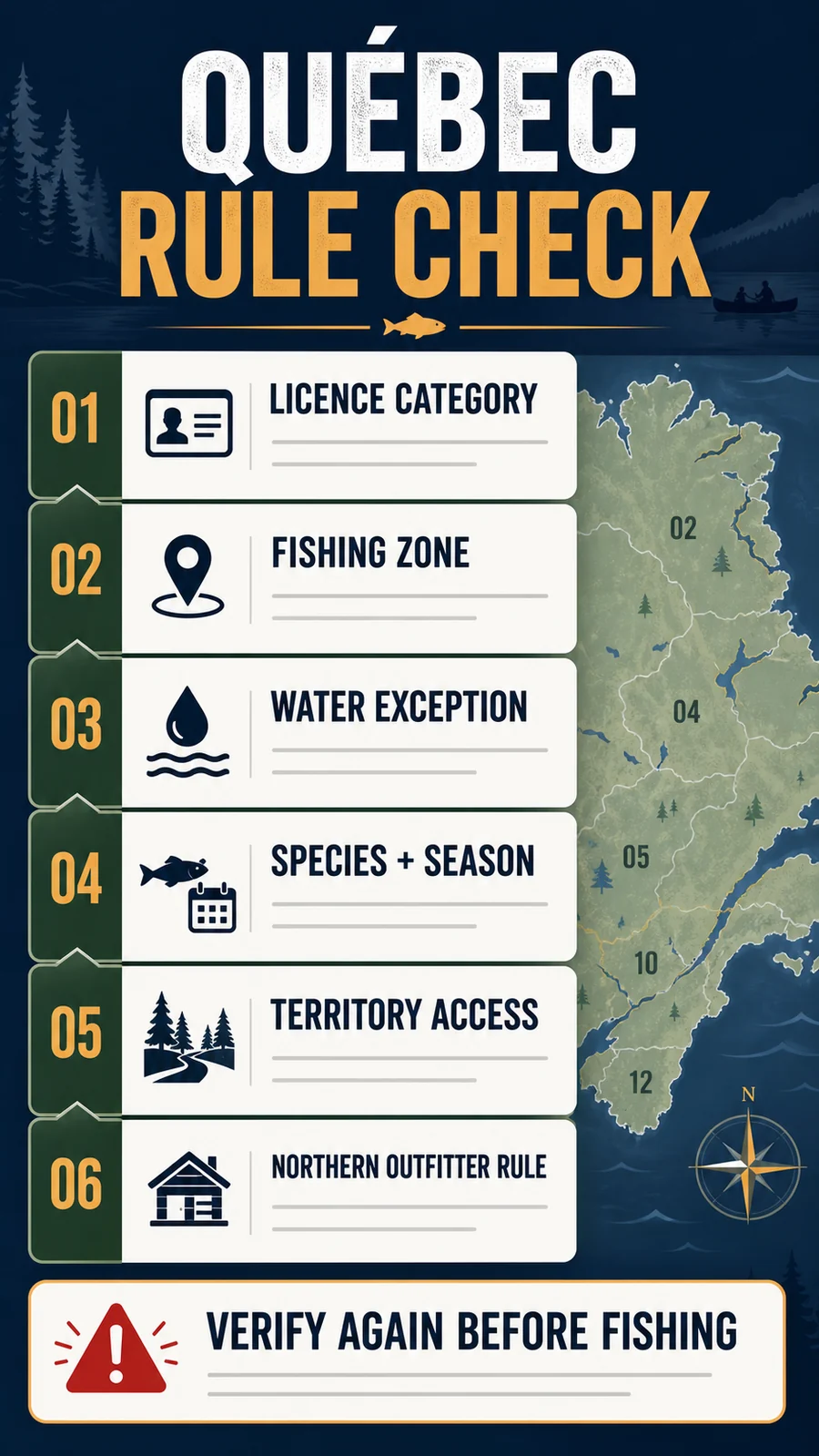 Québec fishing licence zone and rule verification checklist