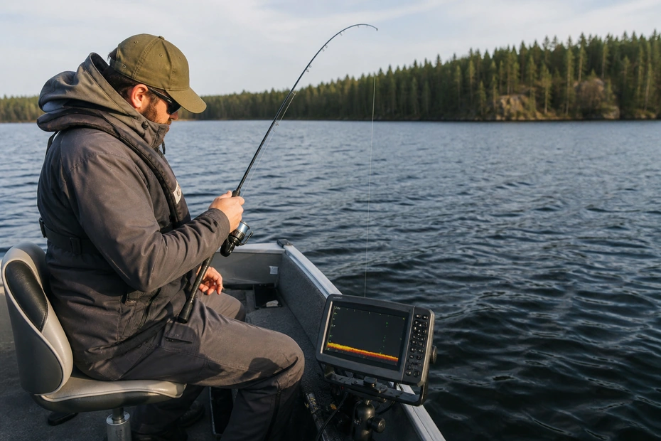 Canadian angler applying spoon fishing for deep-water walleye in realistic northern water conditions