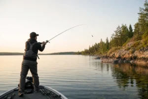 Canadian angler applying swimbait fishing for trophy bass in realistic northern water conditions