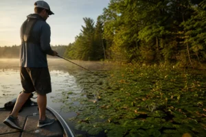 Canadian angler applying topwater frog fishing in heavy cover in realistic northern water conditions