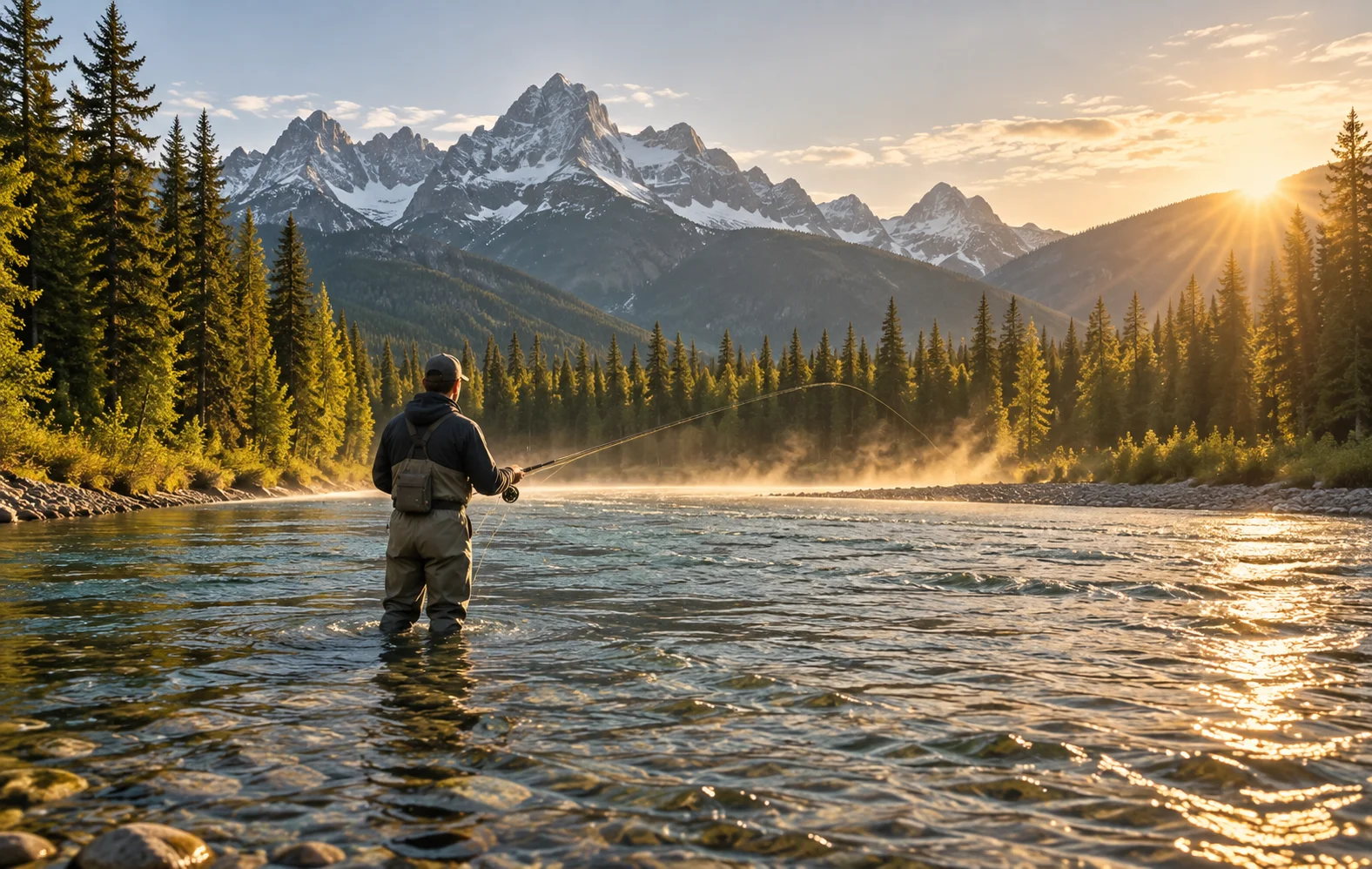 Fly fisher in a shallow river beneath forested mountains.