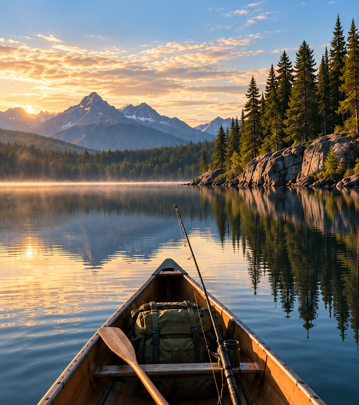Canoe on a calm mountain lake at sunrise.