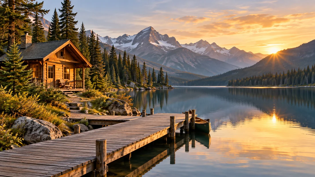 Wooden lakeside cabin and dock beneath mountains at sunrise.