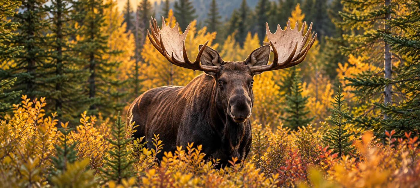 Moose among golden autumn foliage and evergreen trees.