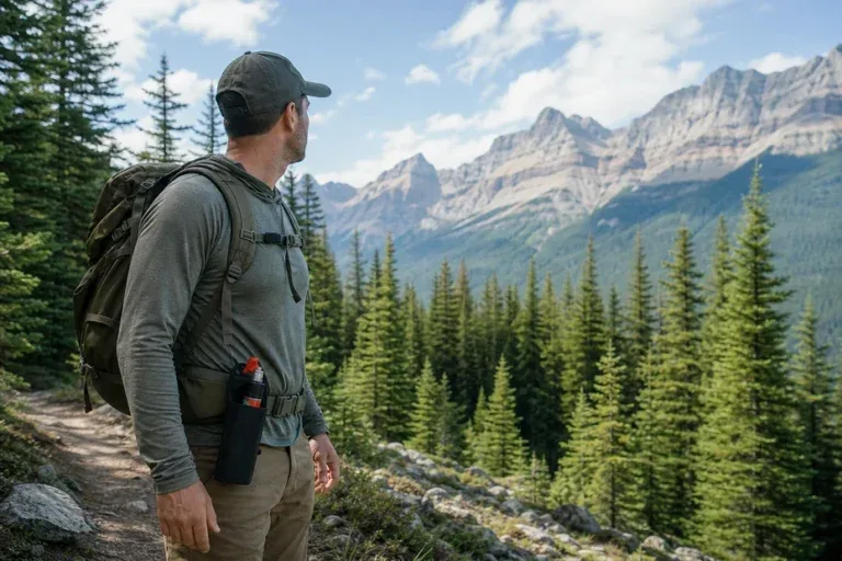 Hiker carrying bear spray in a Canadian mountain forest