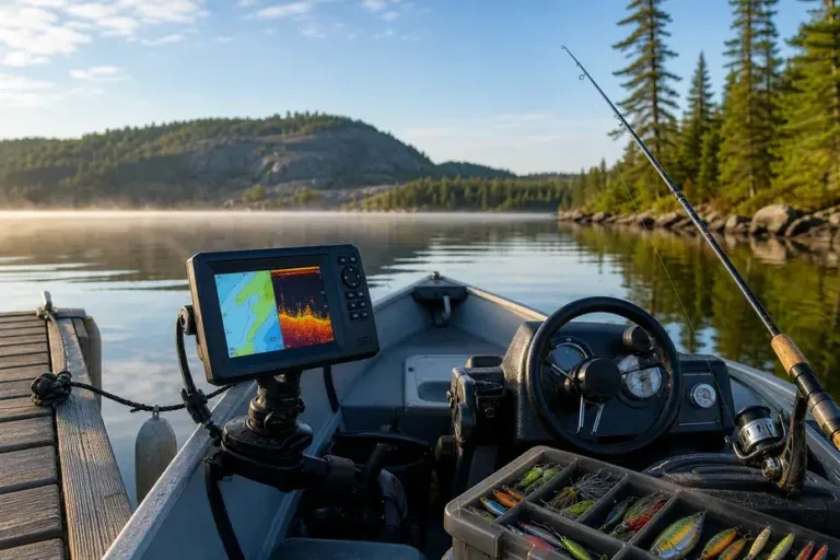 Fish finder and fishing electronics setup on a Canadian lake