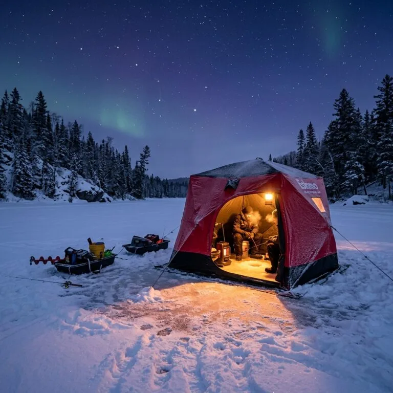 Ice fishing shelter illuminated on a snowy frozen lake.