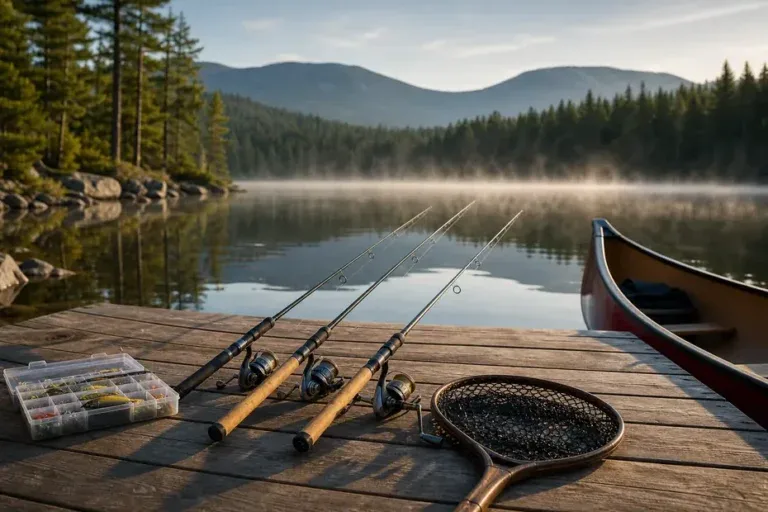 Fishing rods and reels on a Canadian lake dock