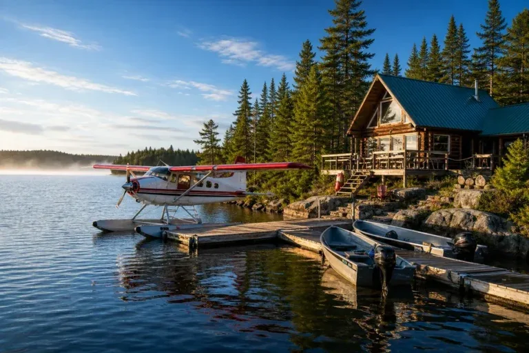 Remote lodge and floatplane beside a lake.