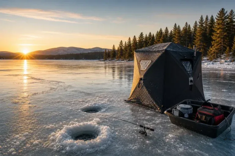 Ice fishing shelter on a frozen lake.