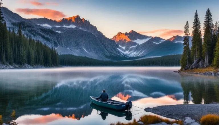 Mountain lake and a small fishing boat.