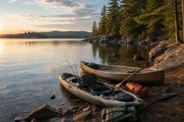 Kayak and canoe at a lake shoreline.