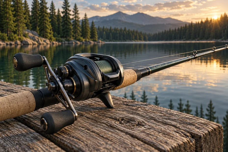 Generic unbranded baitcasting reel on a dock beside a lake; AI-assisted editorial illustration, not a recommended product photograph.