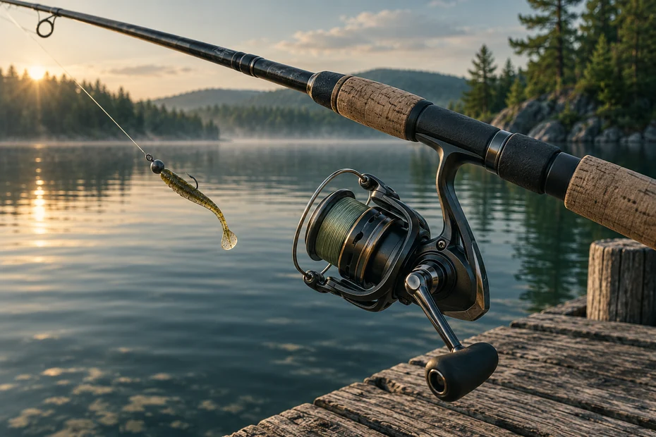 Generic unbranded spinning reel and lure beside a lake; AI-assisted editorial illustration, not a recommended product photograph.