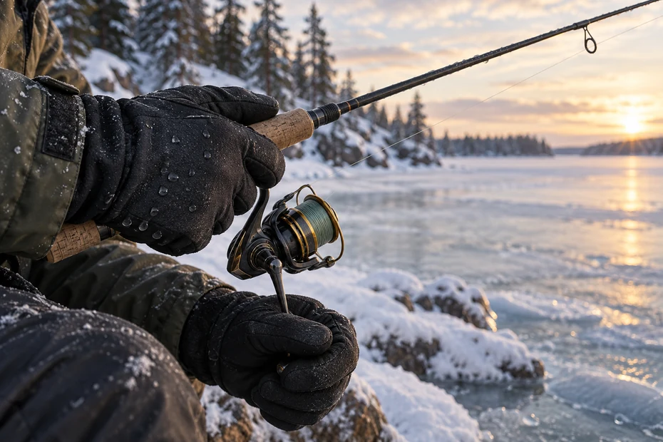 Gloved hands holding a fishing rod beside a winter lake; editorial illustration.