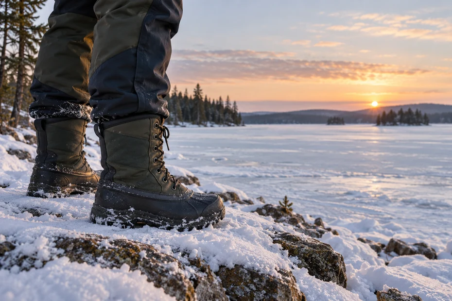 Unbranded winter boots beside a snowy northern lake; editorial illustration.